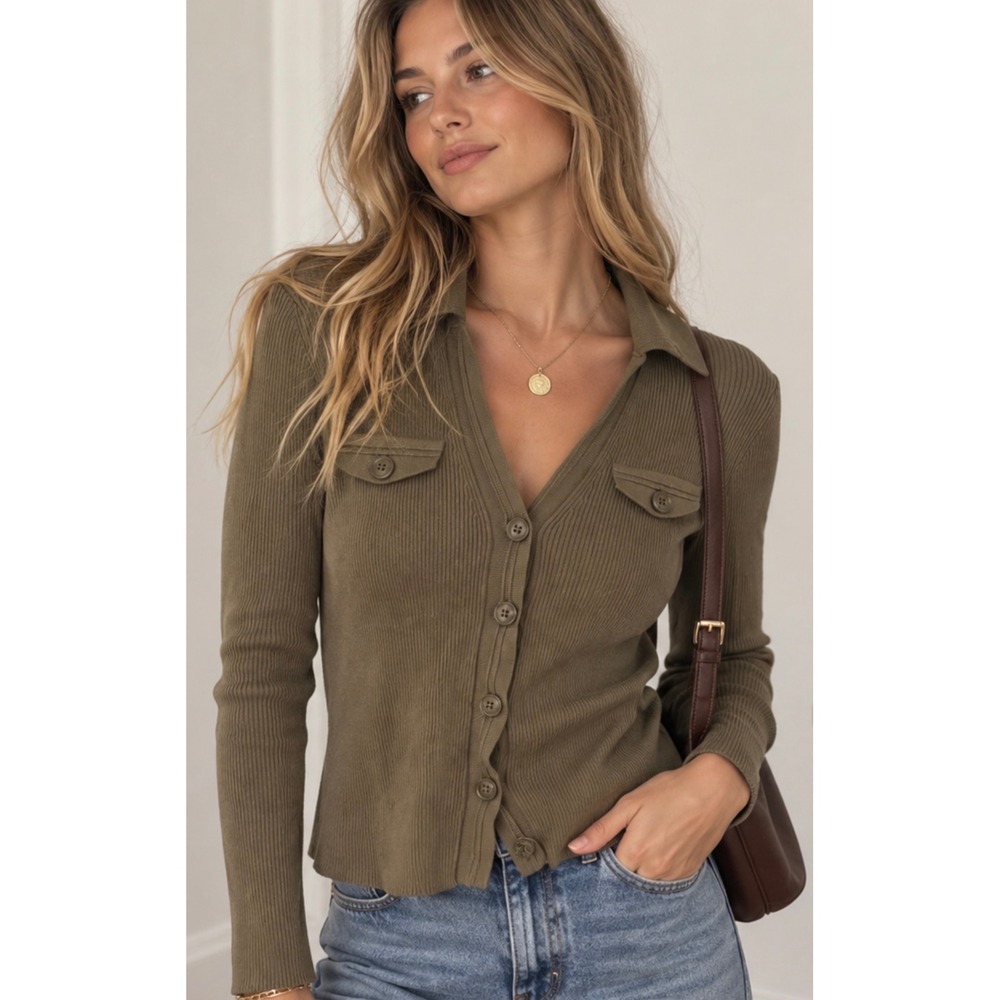 Elie Tahari Olive Green Ribbed Knit Button Front Cardigan Sweater Top Size XS